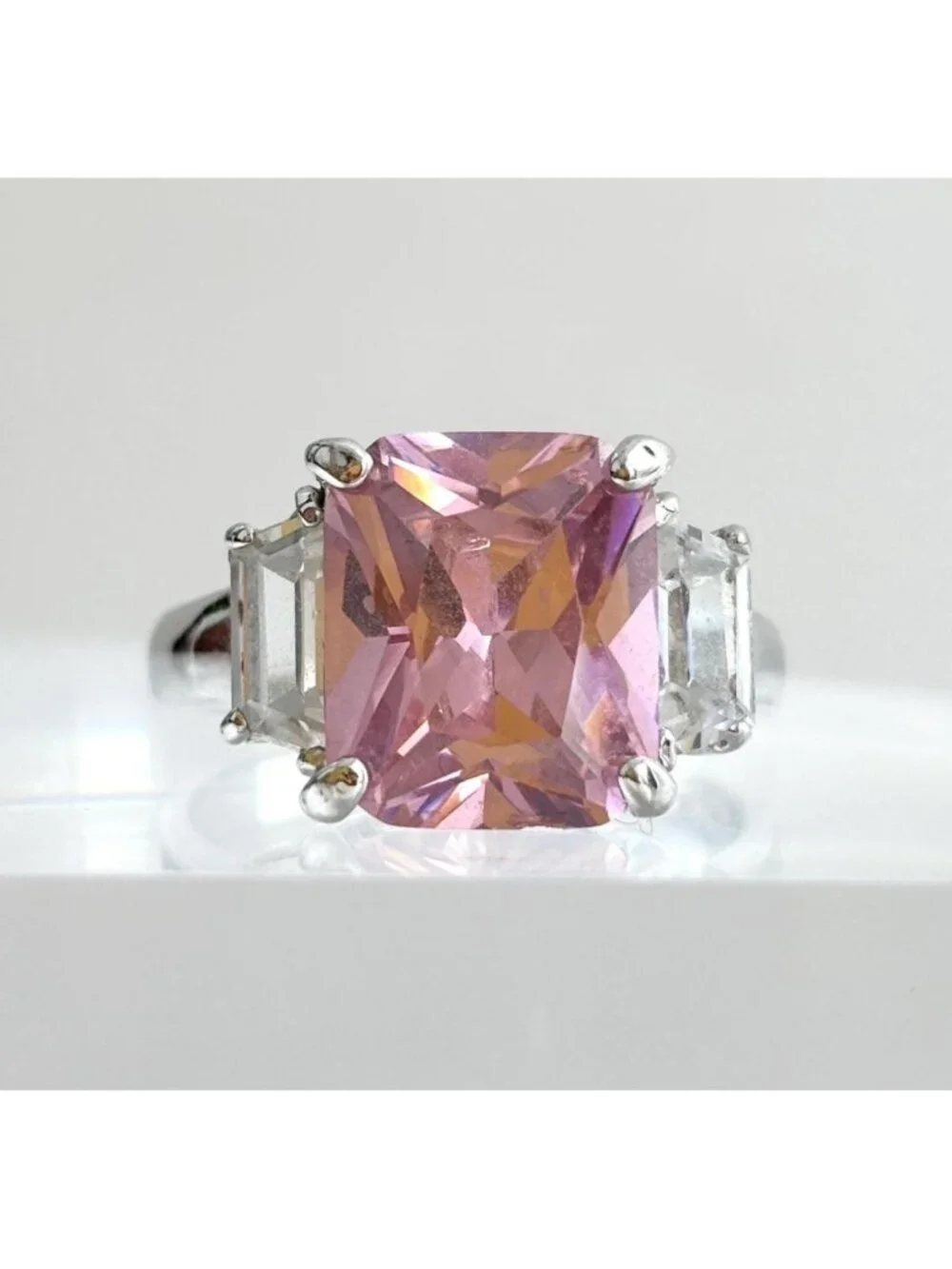 Pink Topaz & CZ Accented Gemstone Sterling Silver 925 Vintage Ring - sz 8.5